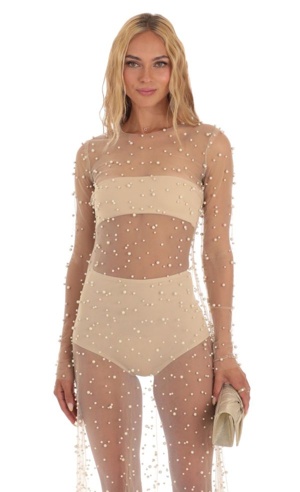 Pearl Mesh Dress in Beige - Image 4