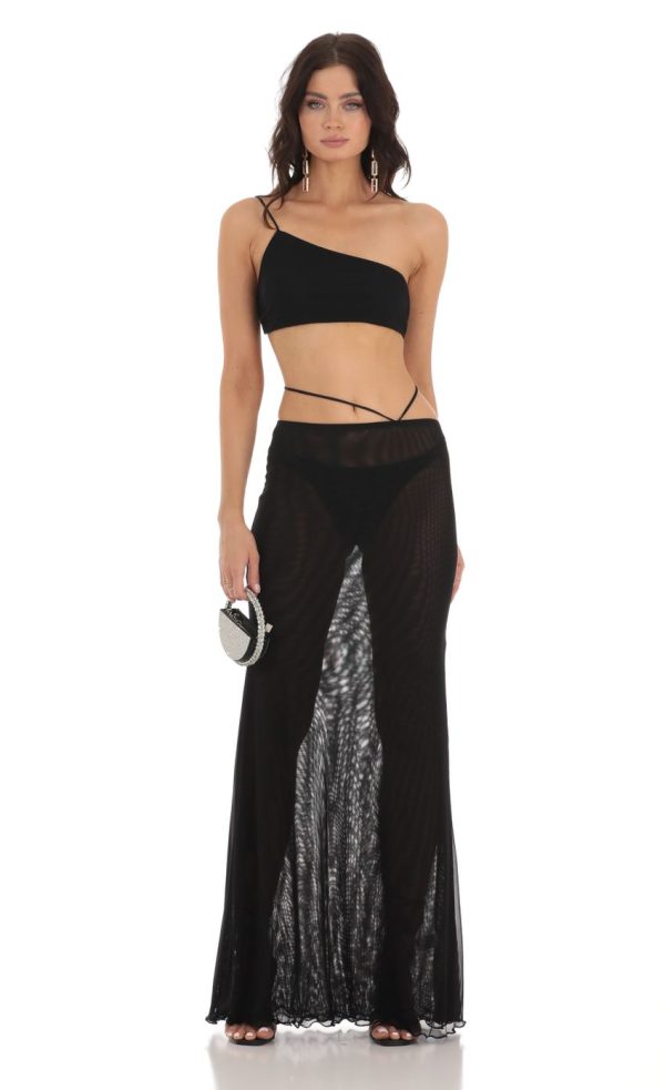 Mesh One Shoulder Two Piece Set in Black