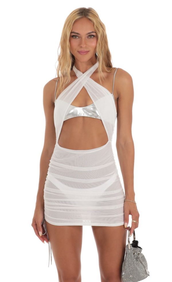 Metallic Mesh Two Toned Wrap Halter Dress in White and Silver