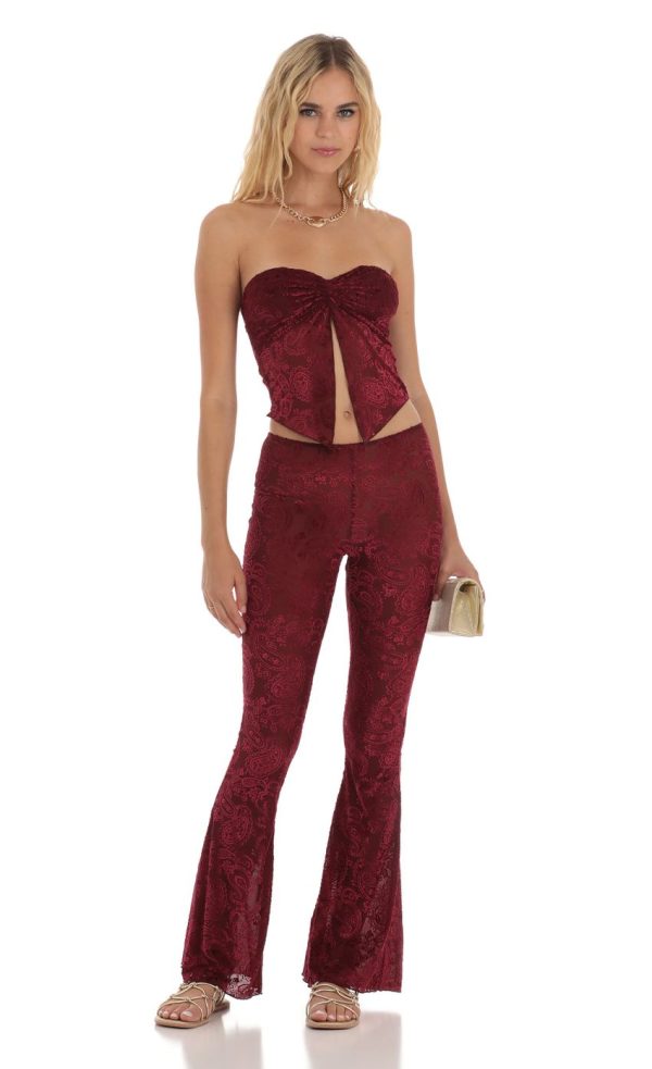 Velvet Mesh Two Piece Set in Maroon
