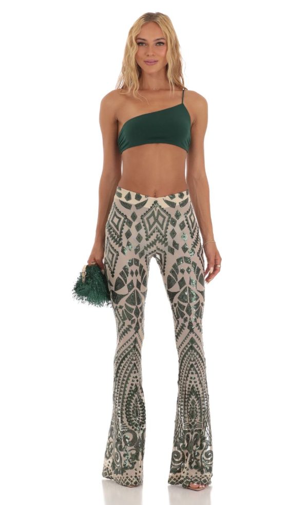 Sequin One Shoulder Two Piece Set in Green