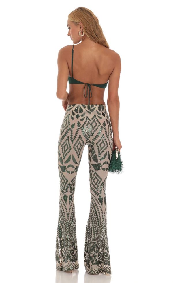 Sequin One Shoulder Two Piece Set in Green - Image 2