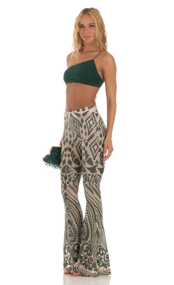 Sequin One Shoulder Two Piece Set in Green - Image 3