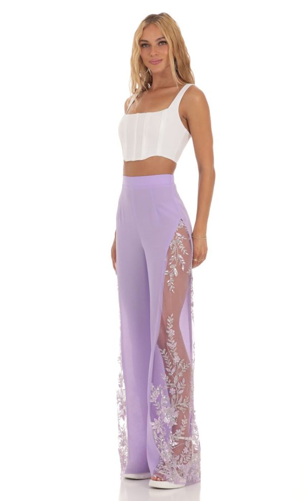 Sequin Floral Pants in Lavender