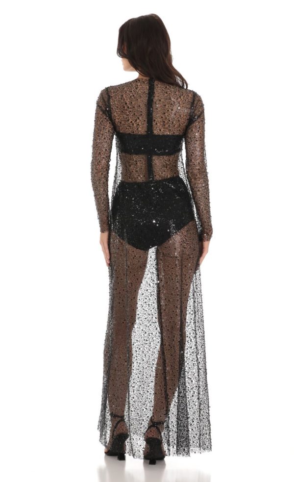 Sequin Mesh Dress in Black - Image 2