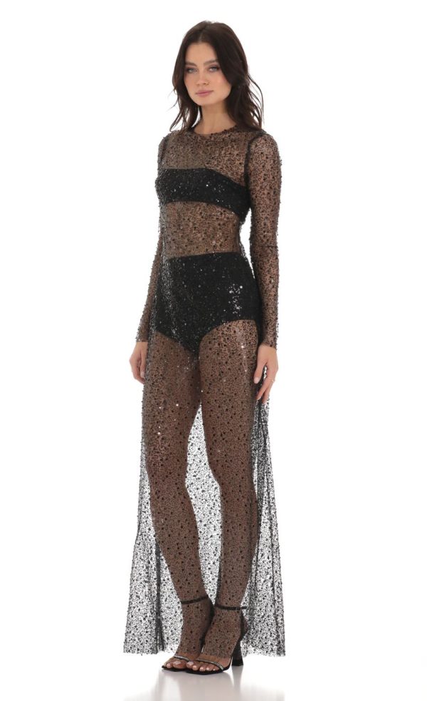 Sequin Mesh Dress in Black - Image 3