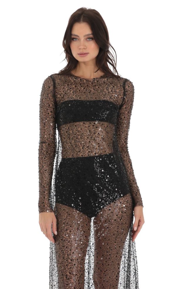Sequin Mesh Dress in Black - Image 4