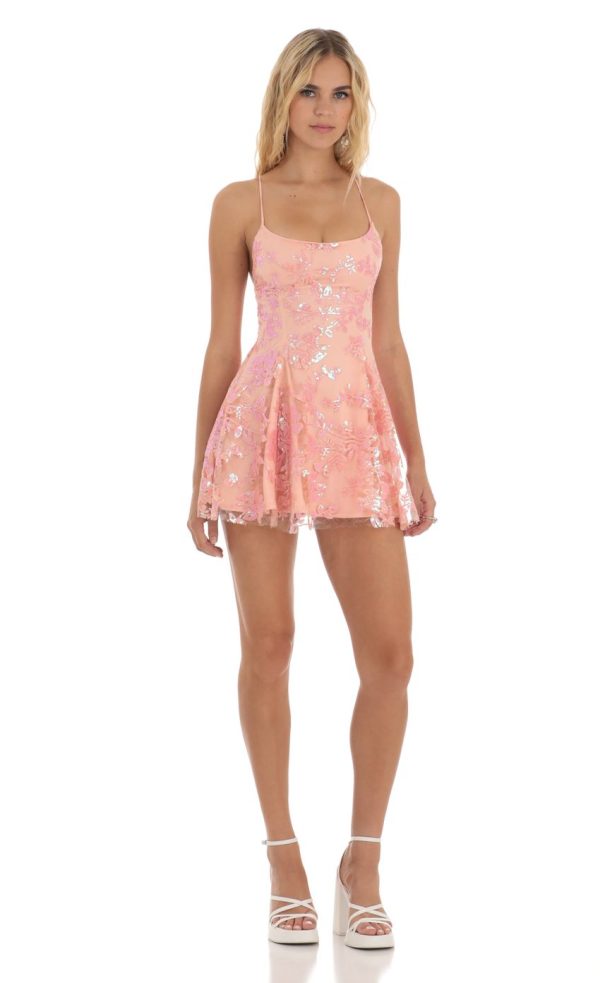Floral Sequin Dress in Coral - Image 2