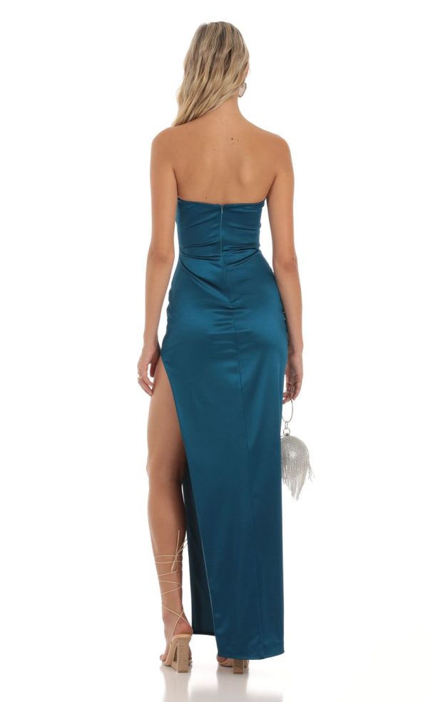 Satin Strapless Maxi Dress in Teal - Image 2