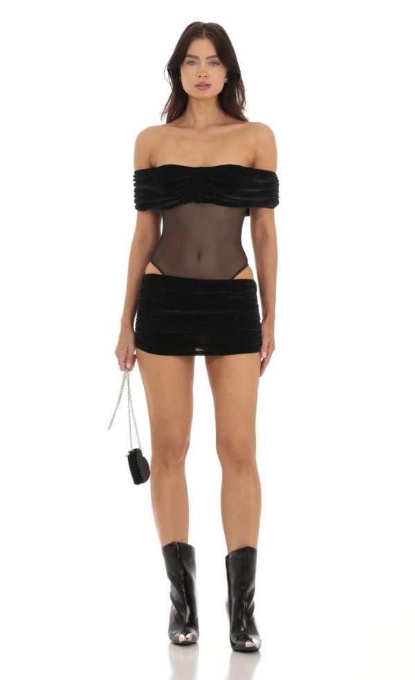 Velvet Off Shoulder Two Piece Set in Black