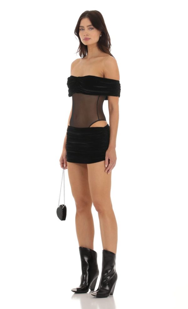 Velvet Off Shoulder Two Piece Set in Black - Image 3