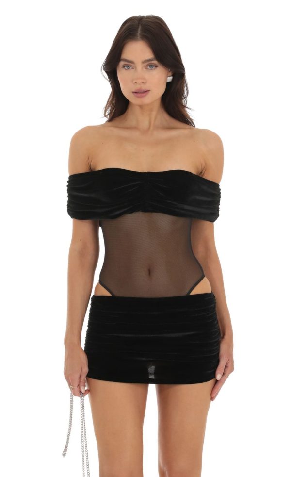 Velvet Off Shoulder Two Piece Set in Black - Image 4