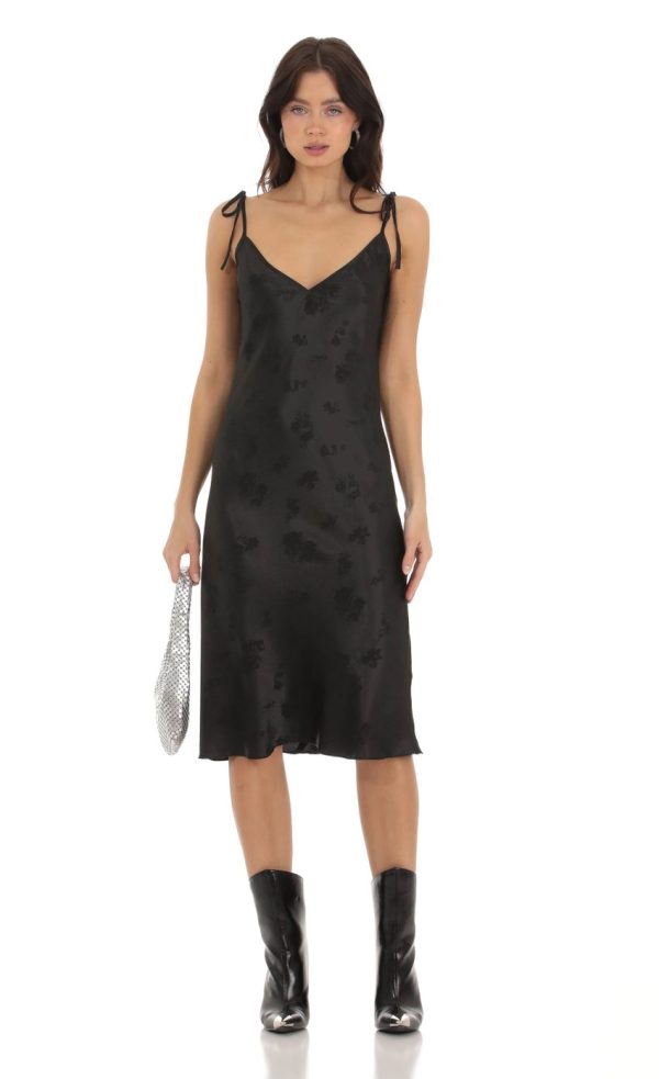 Floral Satin Midi Dress in Black