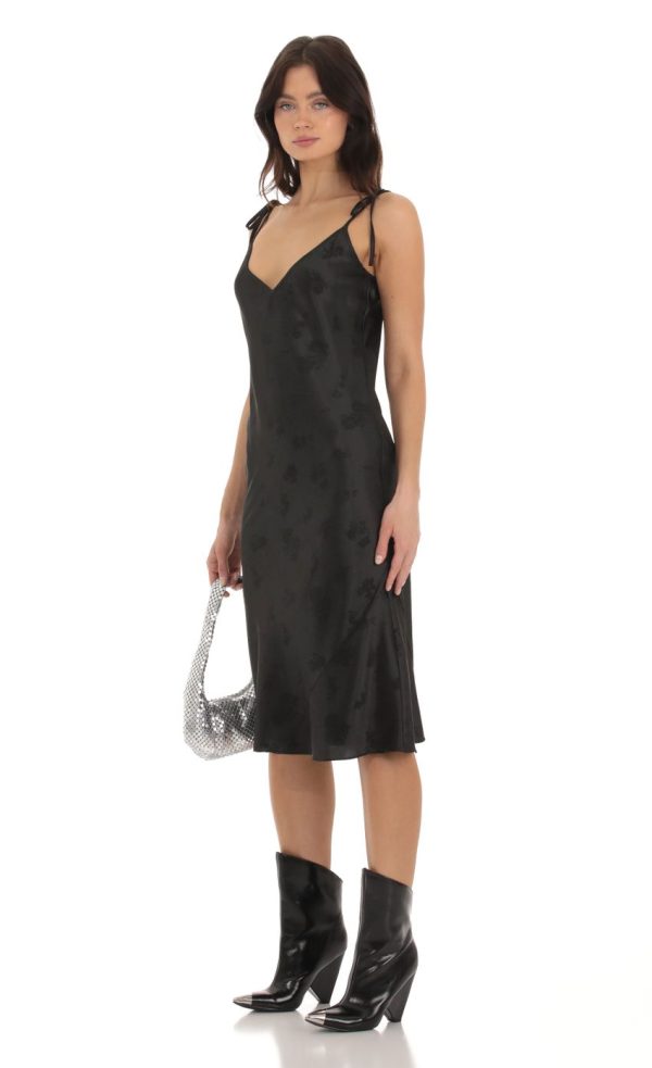 Floral Satin Midi Dress in Black - Image 3