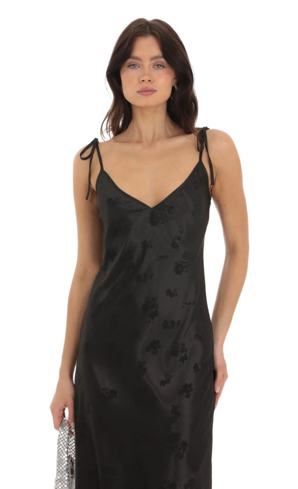 Floral Satin Midi Dress in Black - Image 4