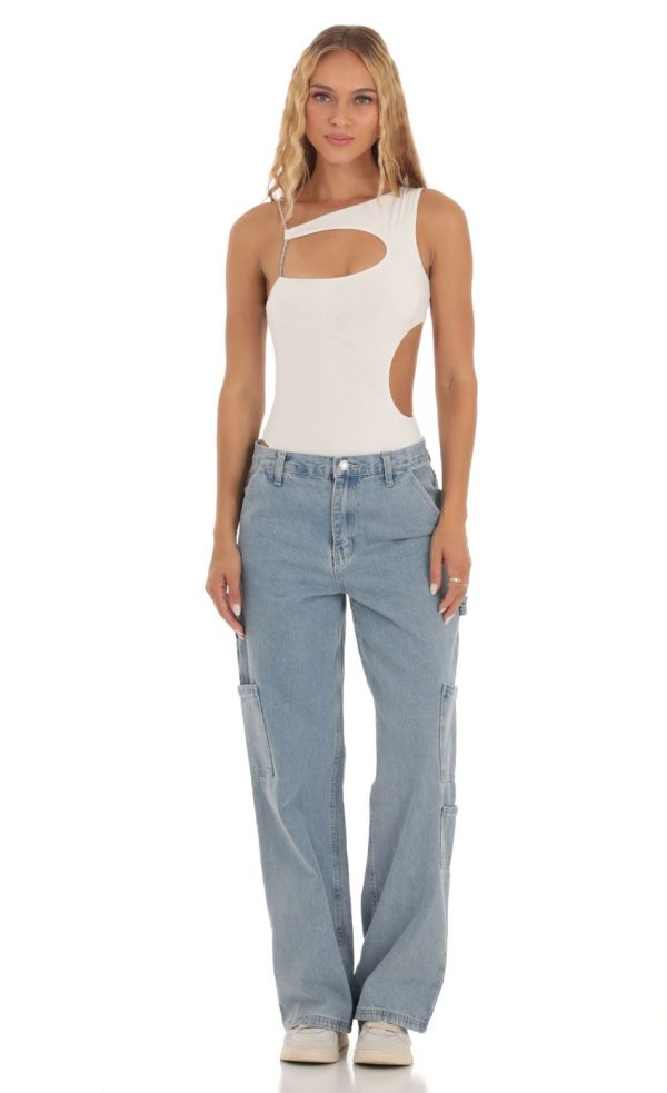 Rhinestone Cutout Bodysuit in White - Image 2