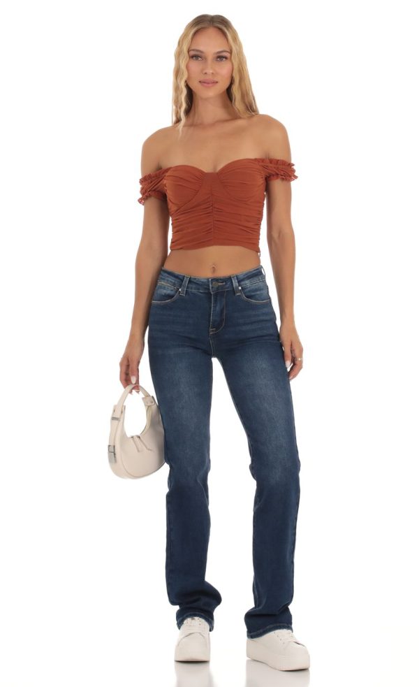 Mesh Off Shoulder Top in Rust - Image 3