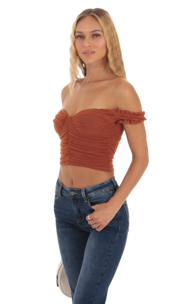 Mesh Off Shoulder Top in Rust - Image 4