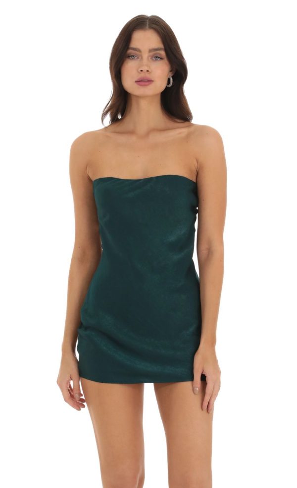 Satin Strapless Open Back Dress in Green - Image 2