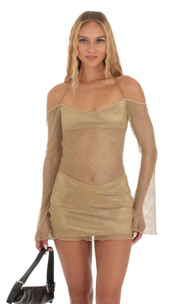 Shimmer Fishnet Off Shoulder Dress in Gold