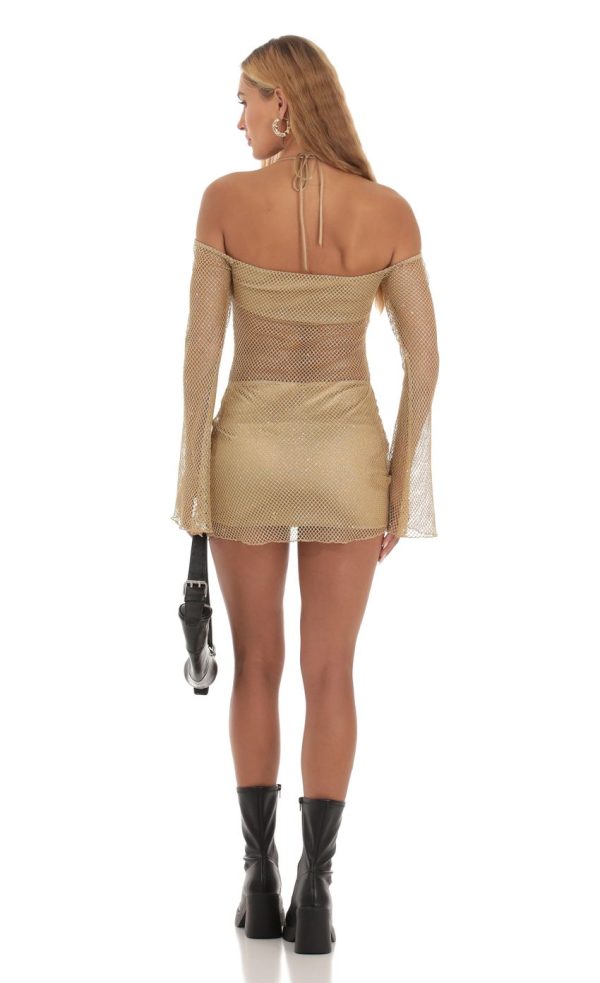 Shimmer Fishnet Off Shoulder Dress in Gold - Image 2