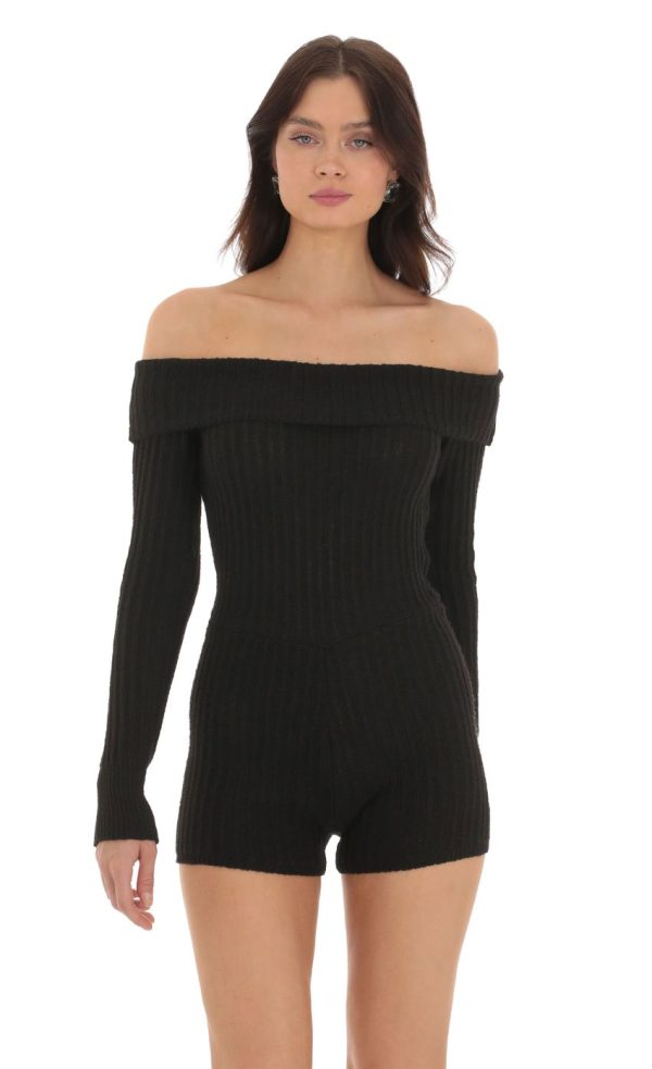 Off Shoulder Knit Romper in Black