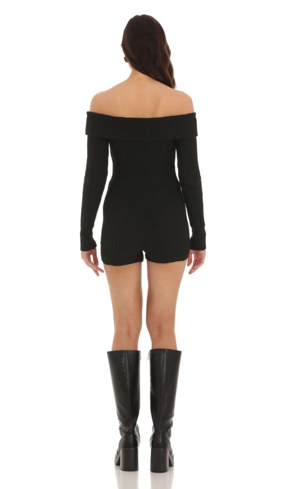 Off Shoulder Knit Romper in Black - Image 2