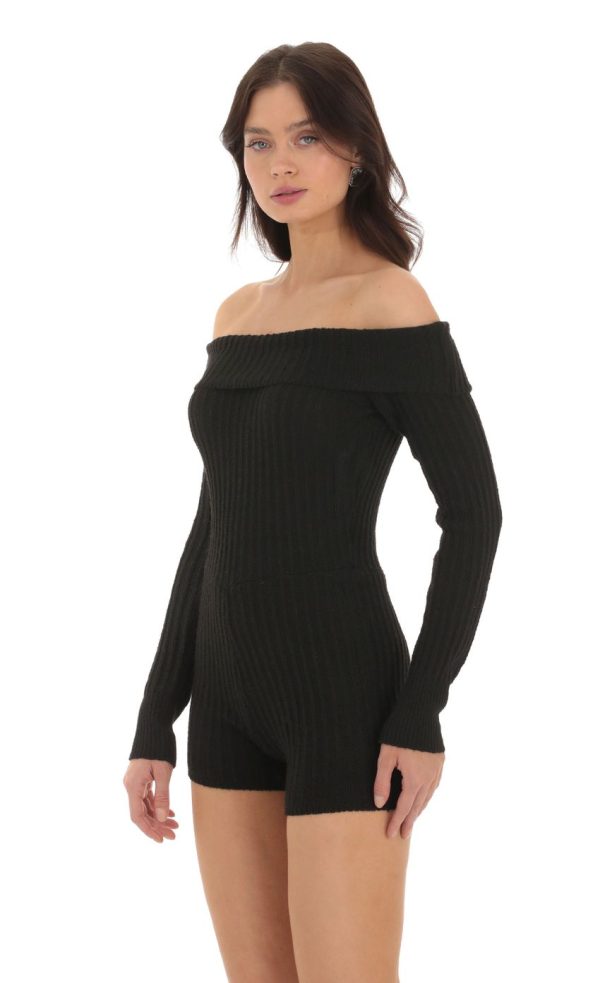 Off Shoulder Knit Romper in Black - Image 3