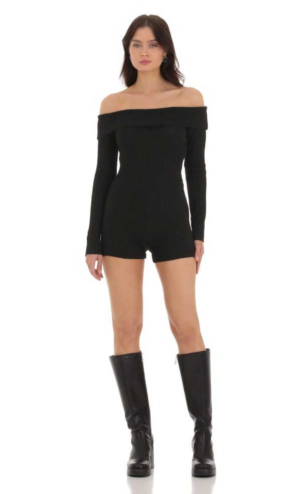 Off Shoulder Knit Romper in Black - Image 4