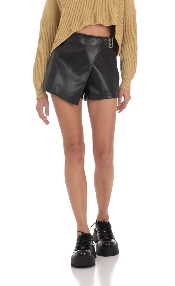 Leather Buckle Shorts in Black - Image 4