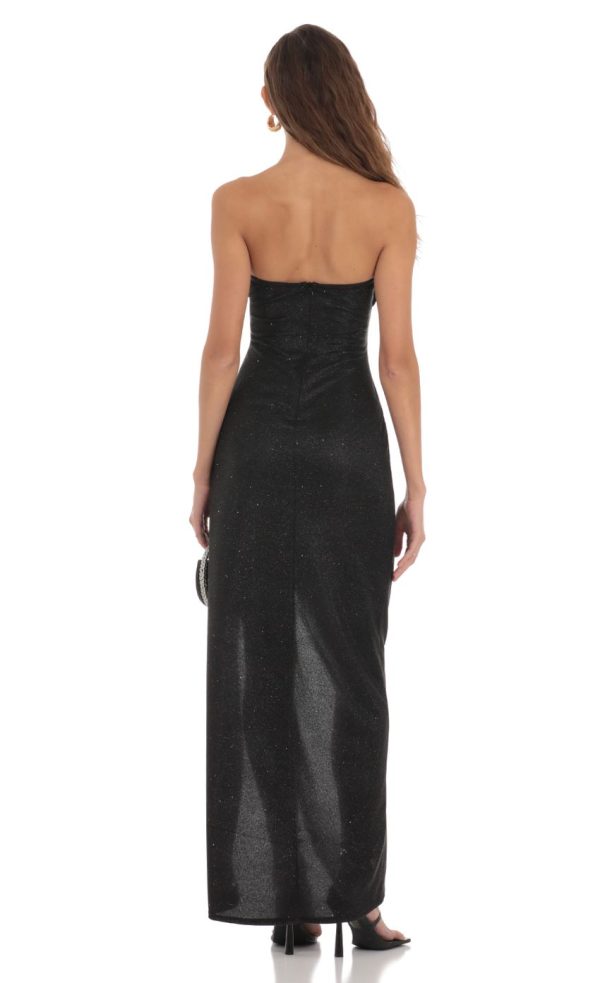 Overlap Shimmer Strapless Dress in Black - Image 2
