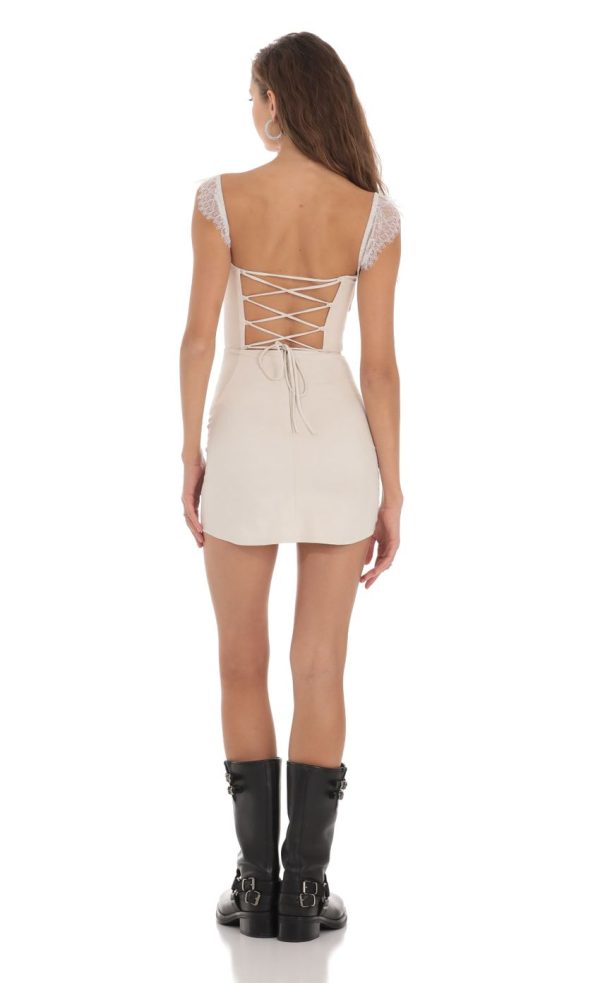 Suede Draped Lace Strap Dress in Cream - Image 2