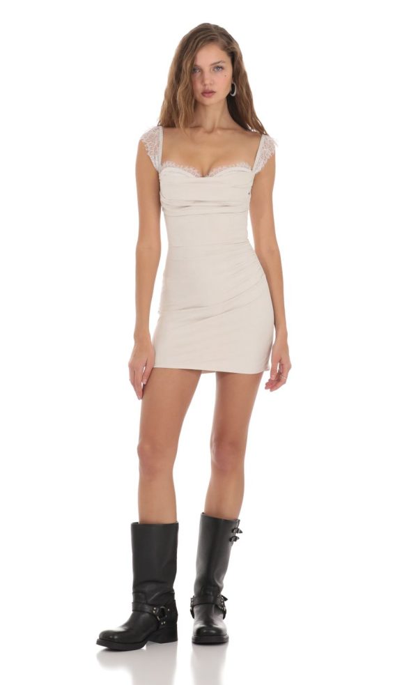 Suede Draped Lace Strap Dress in Cream - Image 4