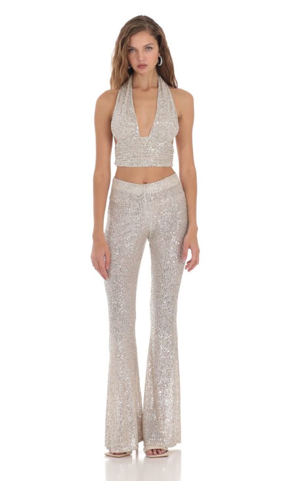 Silver Sequin Halter Three Piece Set in Cream