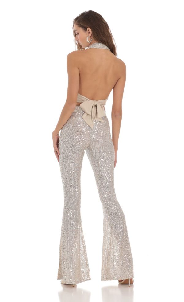 Silver Sequin Halter Three Piece Set in Cream - Image 2