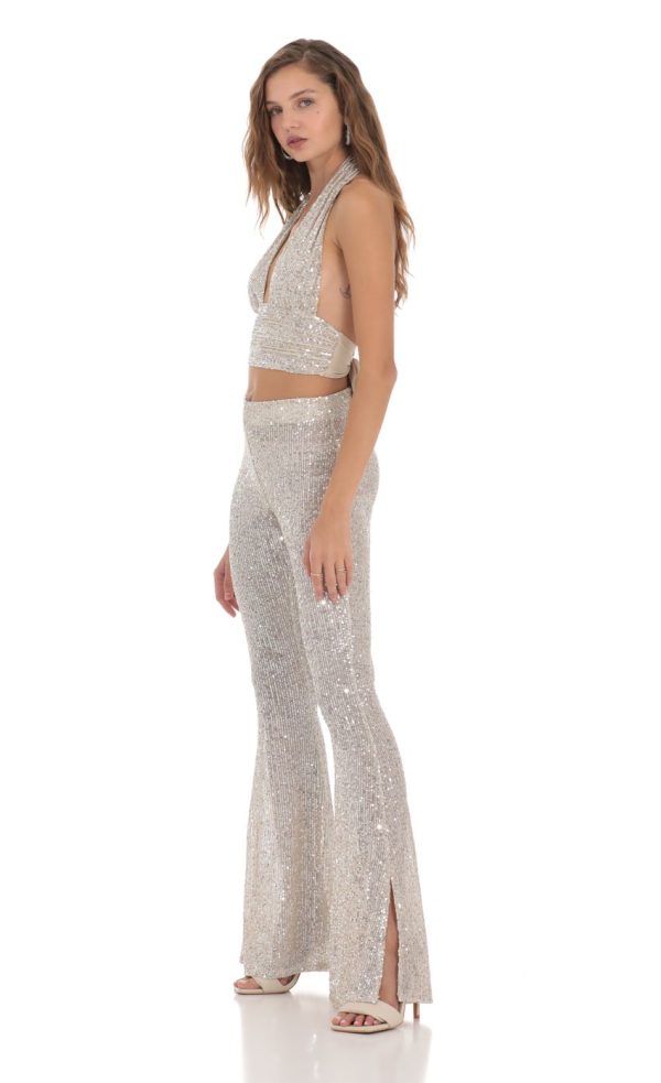 Silver Sequin Halter Three Piece Set in Cream - Image 3