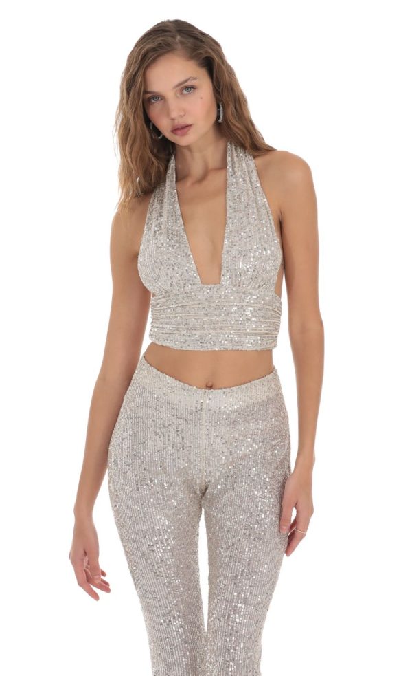 Silver Sequin Halter Three Piece Set in Cream - Image 5