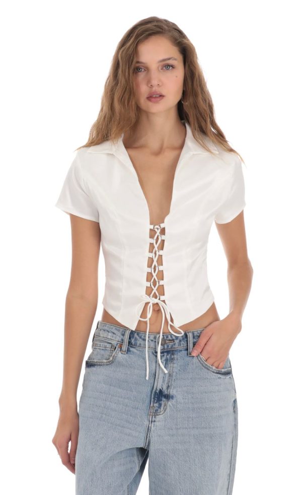 Collared Lace-Up Top in White - Image 4