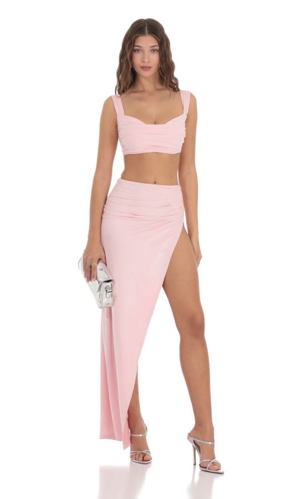 Suede Ruched Two Piece Set in Pink