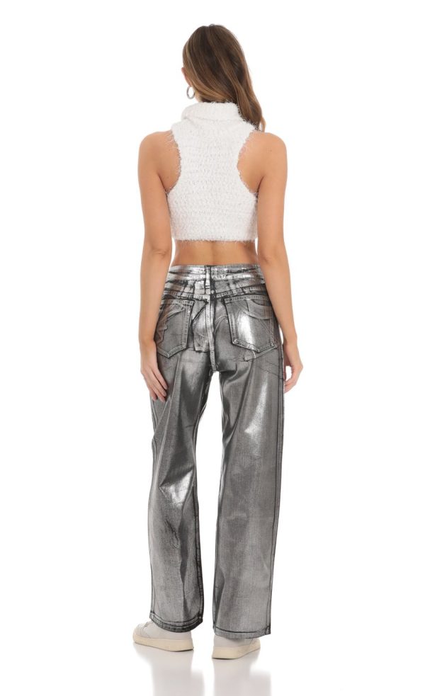 Fuzzy Knit Mock Neck Top in White - Image 2