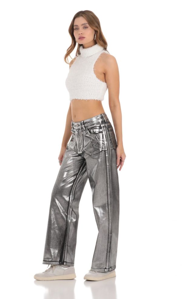 Fuzzy Knit Mock Neck Top in White - Image 3