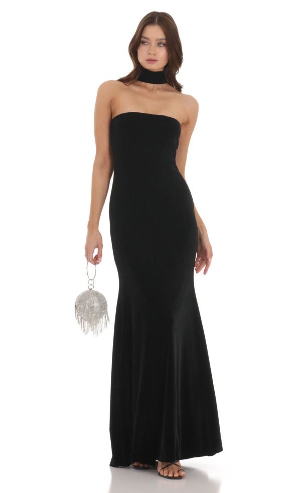 Velvet Reverse Halter Dress in Black