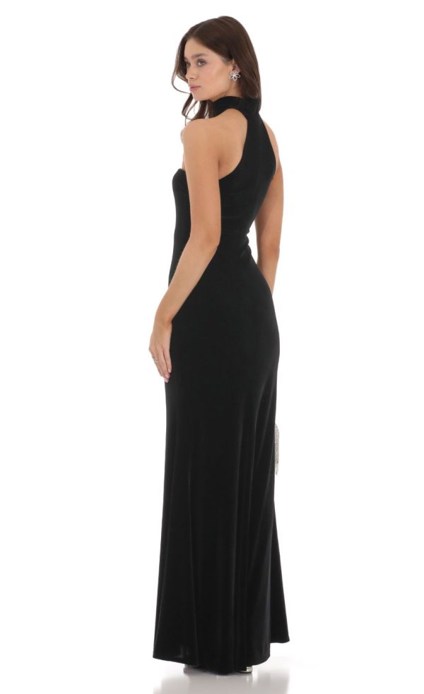 Velvet Reverse Halter Dress in Black - Image 2