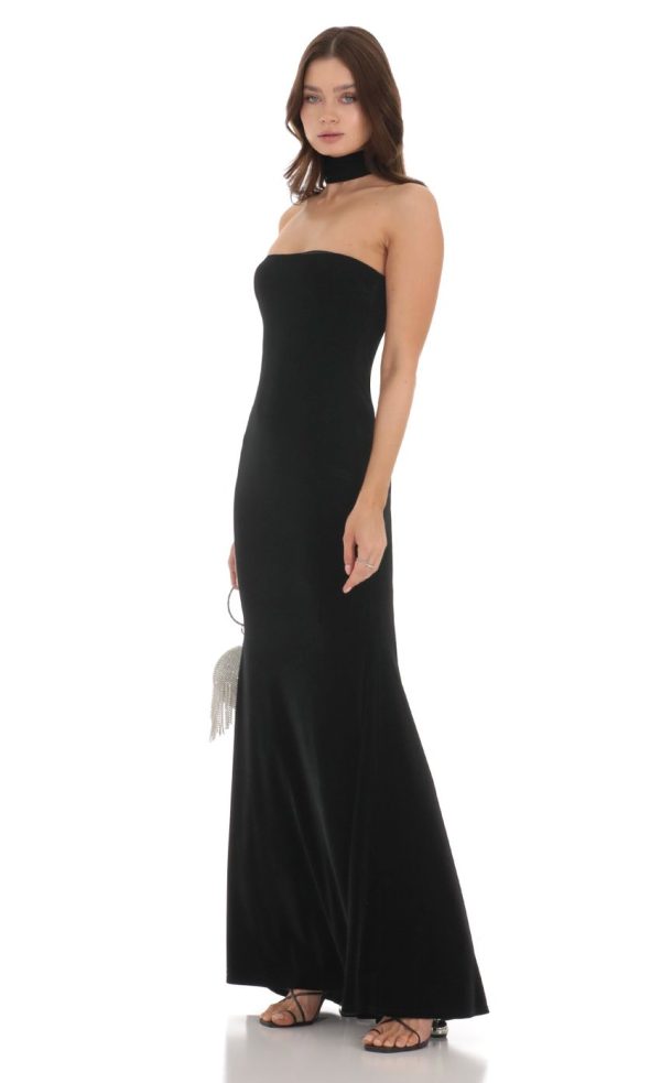 Velvet Reverse Halter Dress in Black - Image 3