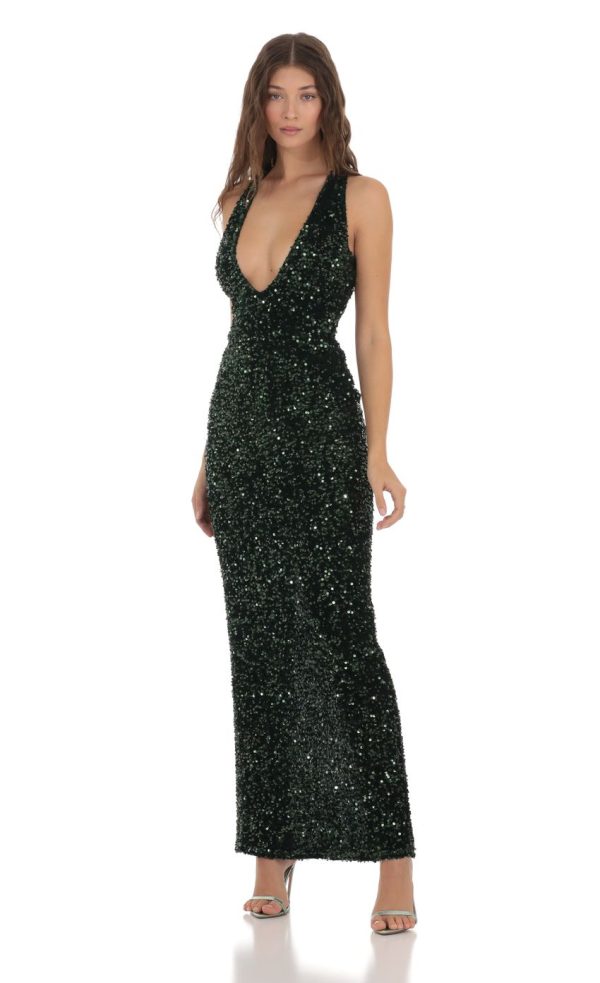 Velvet Sequin Plunge Neck Dress in Green