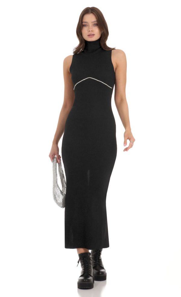 Rhinestone Ribbed Turtleneck Dress in Black