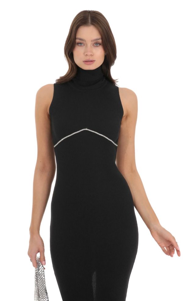 Rhinestone Ribbed Turtleneck Dress in Black - Image 4