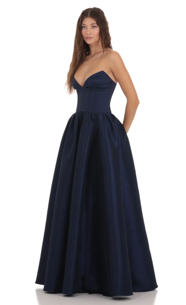 Corset Strapless Gown Dress in Navy - Image 3
