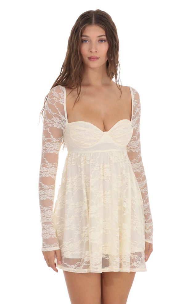 Long Sleeve Lace Babydoll Dress in Cream - Image 4