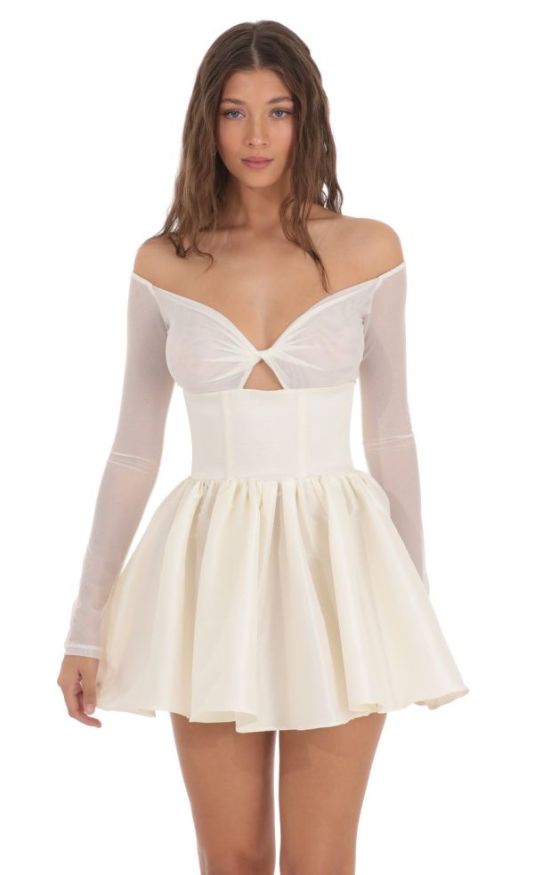 Off Shoulder Mesh Twist Cutout Flair Dress in White